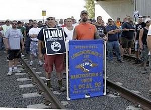 ILWU workers blocked the railroad tracks to the scab grain terminal